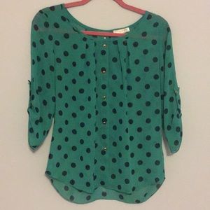 Green & Navy blouse with gold buttons Sz M
